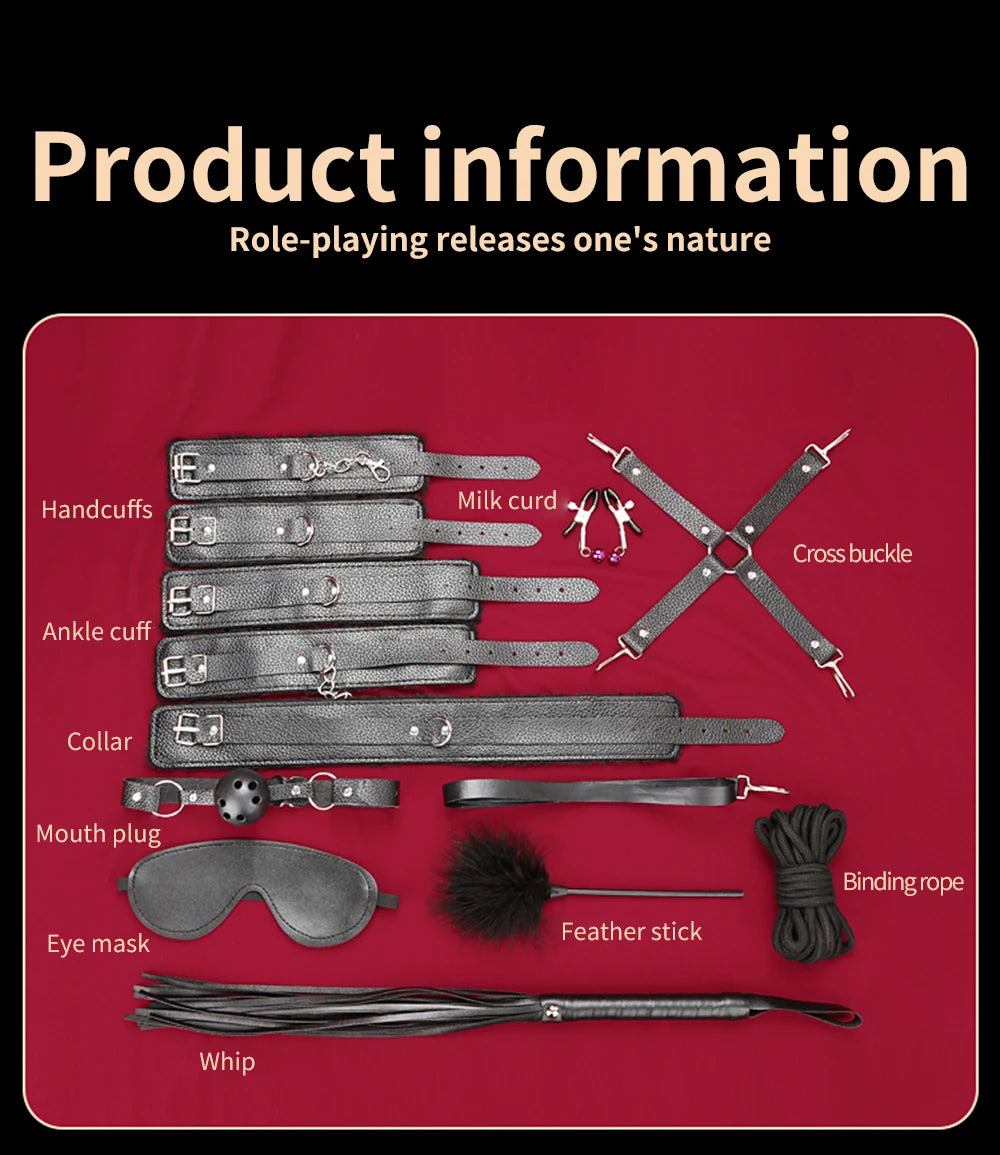 BDSM Bondage Restraint Kit 10 Pieces Drawstrings Collars Eye Masks Mouth Balls Whips Cotton Ropes Nipple Clamps Rope for Couple