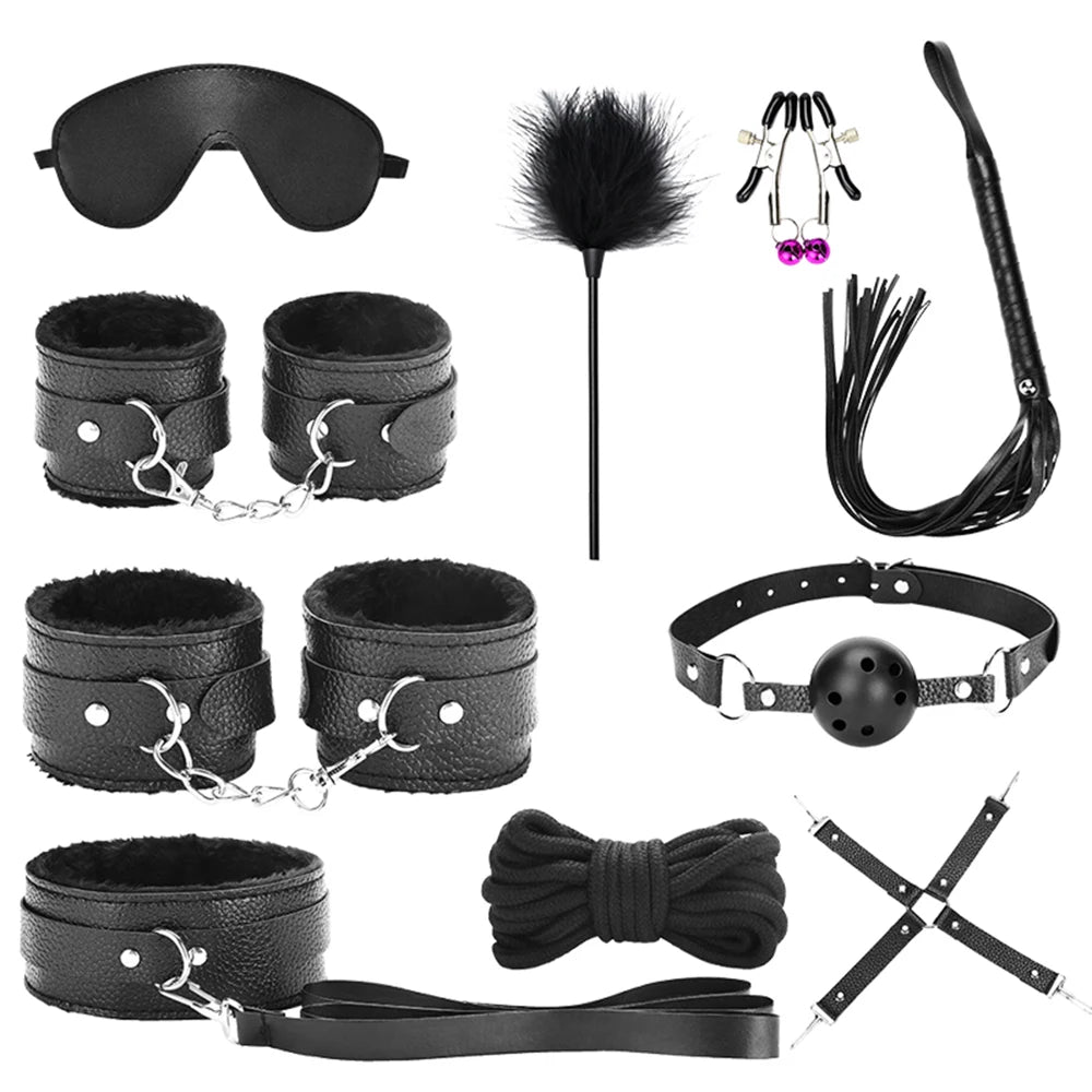 BDSM Bondage Restraint Kit 10 Pieces Drawstrings Collars Eye Masks Mouth Balls Whips Cotton Ropes Nipple Clamps Rope for Couple