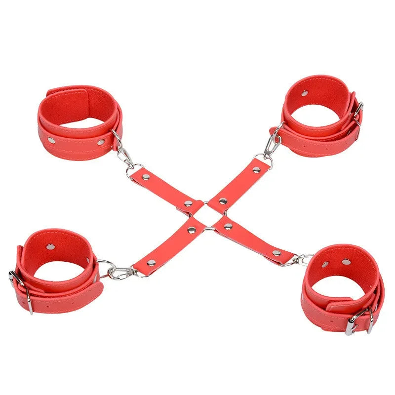 BDSM Sex Bondage Restraint System, erotic Leather Handcuffs and Ankle Cuffs Restraint Kit,Adult game sex Toys For women Couple