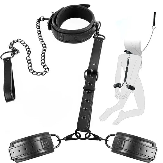 Neck-to-Wrist BDSM Bondage Restraints Kit – Couples Sex Toys with Chain Leash, Handcuffs & Collar for Slave Role Play