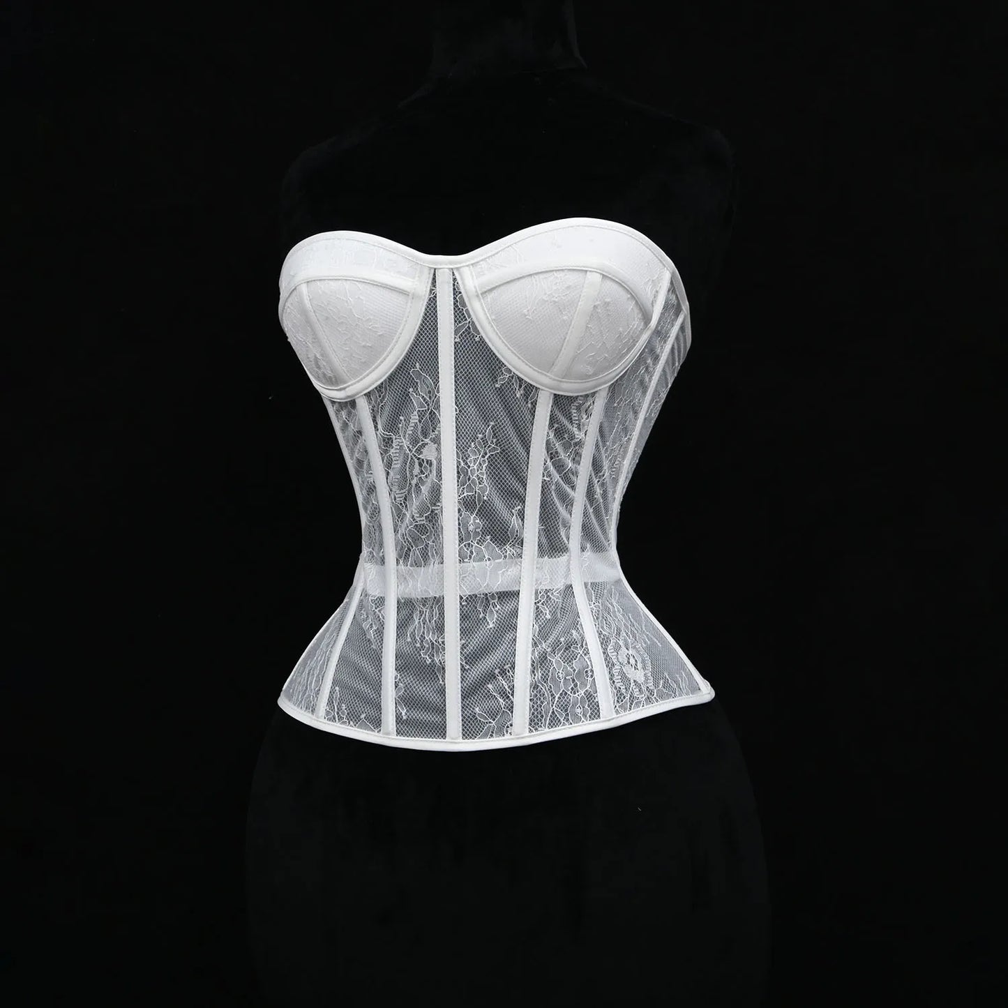 Steel Bone Korset Woman Hollow Out Strapless Lace Bra Bustier Top Mesh Women Lingerie Black White Biege Corset