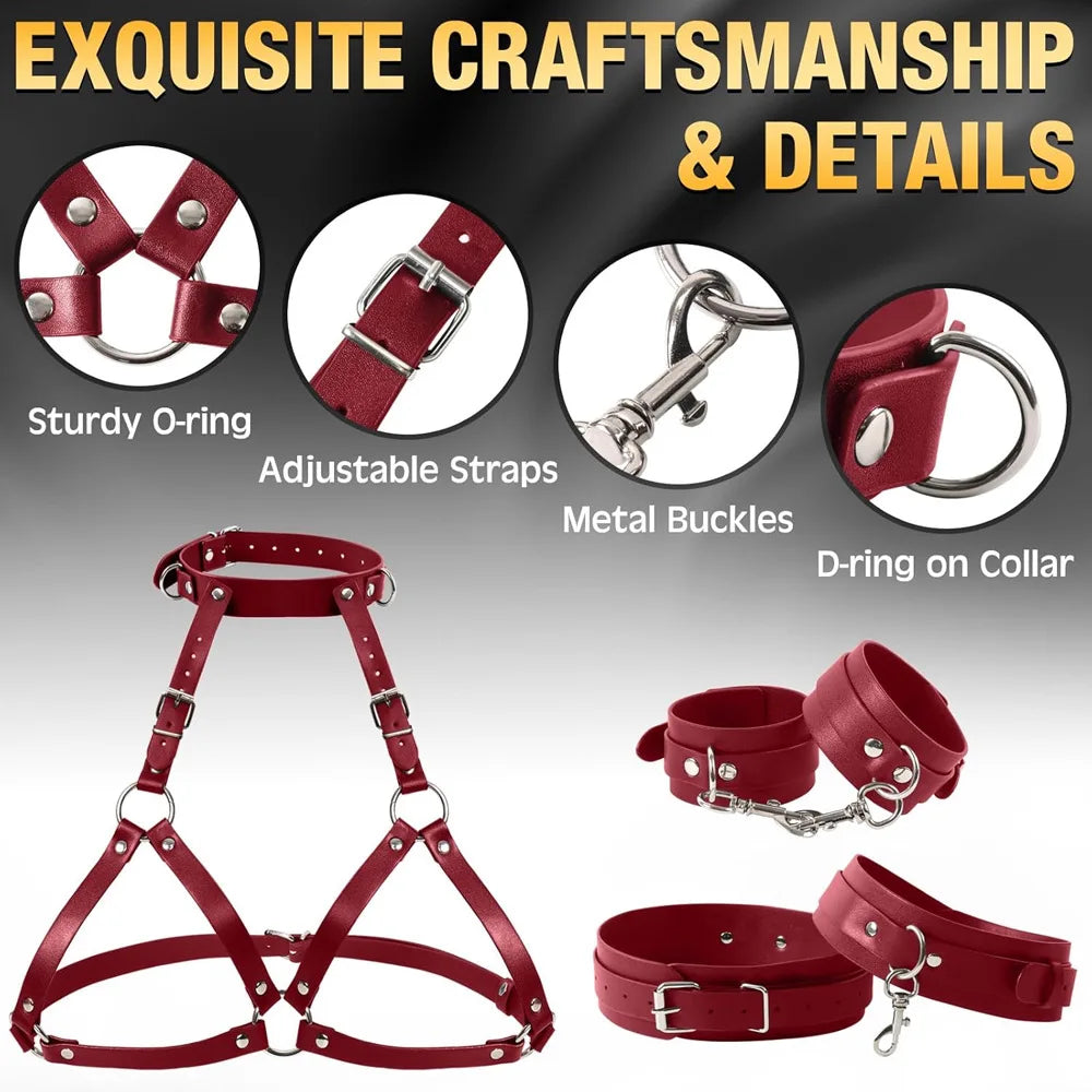BDSM Body Restraint Neck Collar Handcuffs Bra Lift Up Leg Cuffs Sex Toy Set SM Slave Porn Games Erotic Bondage Gear Sex Product