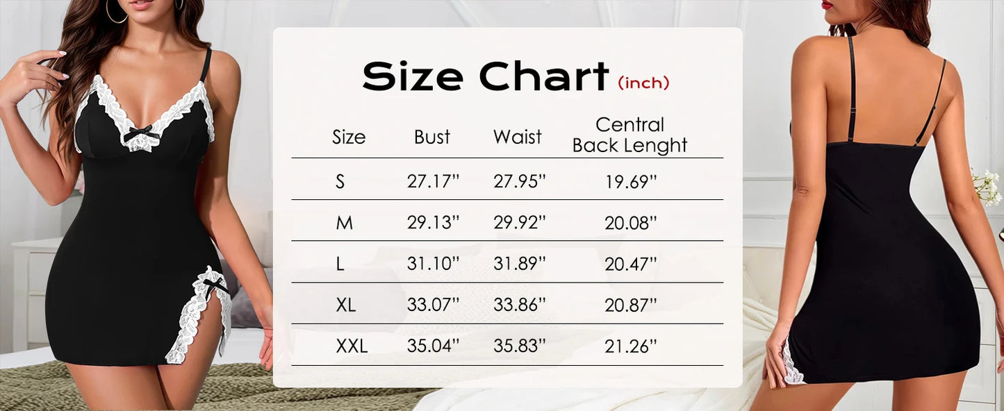Lingerie for Women Sexy Night Gowns Lace Trim Sleep Dress V Neck Babydoll Chemise Dress Side Split Nighty