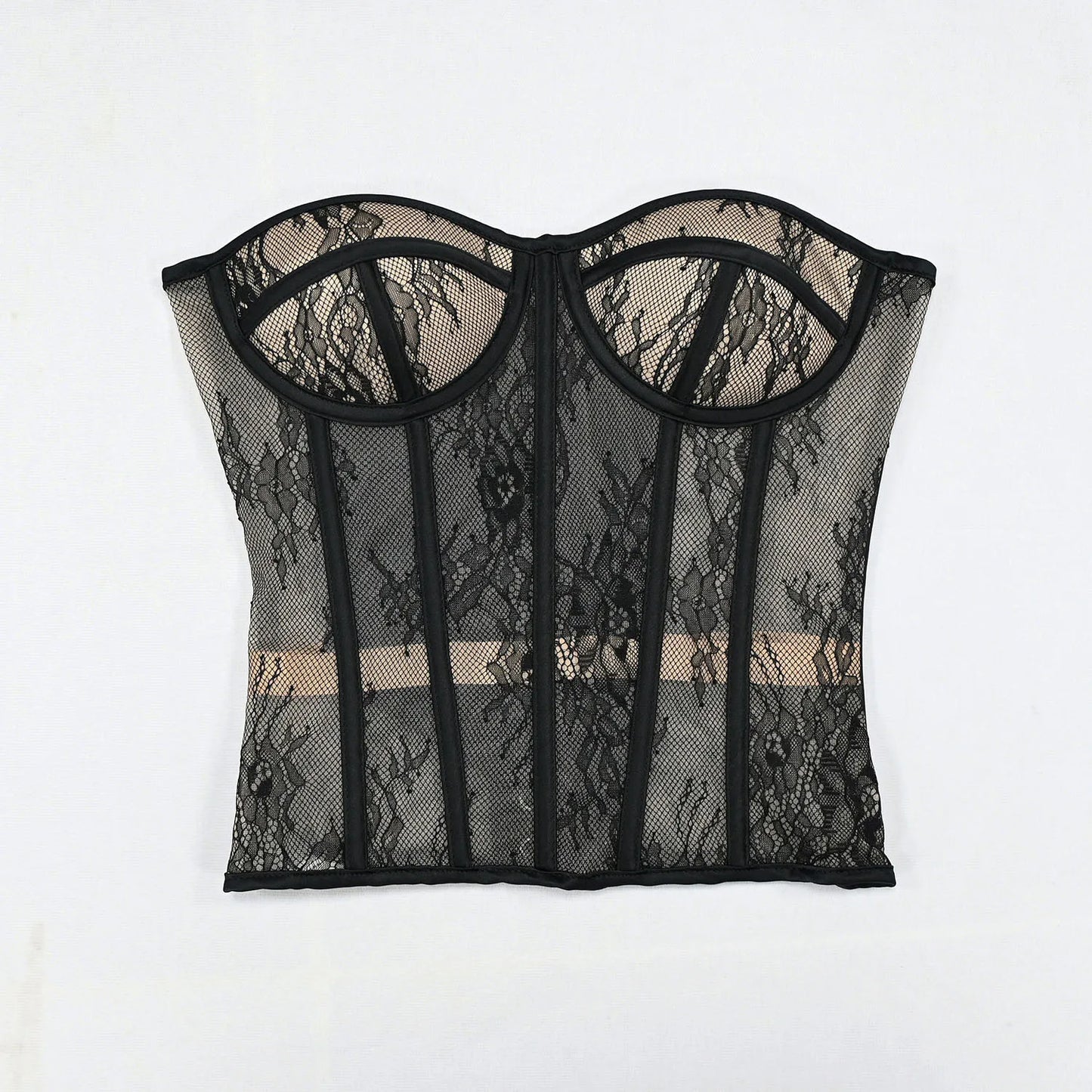 Steel Bone Korset Woman Hollow Out Strapless Lace Bra Bustier Top Mesh Women Lingerie Black White Biege Corset