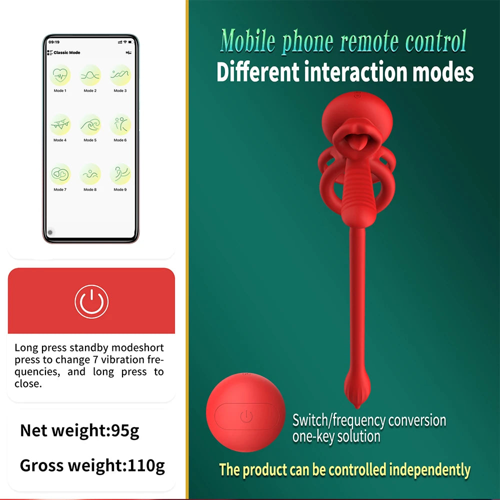 App Vibrating Penis Ring Vibrator with Sexy Licking Mouth G Spot Clitoral Stimulator Cock Rings Couples Adult Sex Toys for Men