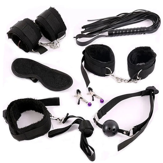 Exotic Bed Bondage Set BDSM Kits Exotic Sex Toys For Adults Games Leather Handcuffs Whip Gag Nipple Clamps Women Sex Products