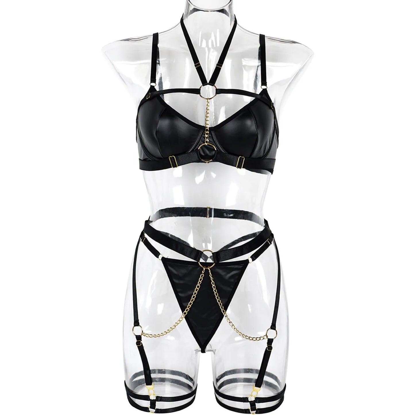 Women's PU Leather Waist Cincher & Chain Lingerie Set