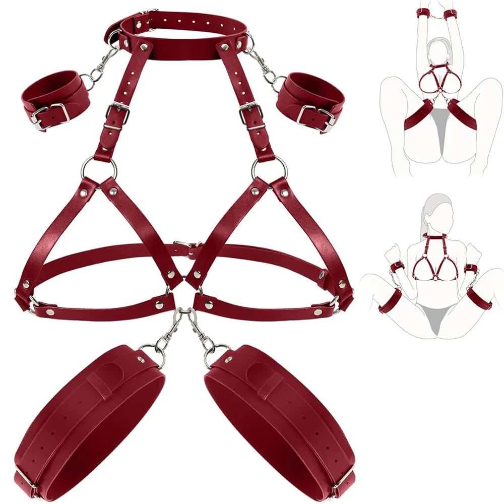 BDSM Body Restraint Neck Collar Handcuffs Bra Lift Up Leg Cuffs Sex Toy Set SM Slave Porn Games Erotic Bondage Gear Sex Product