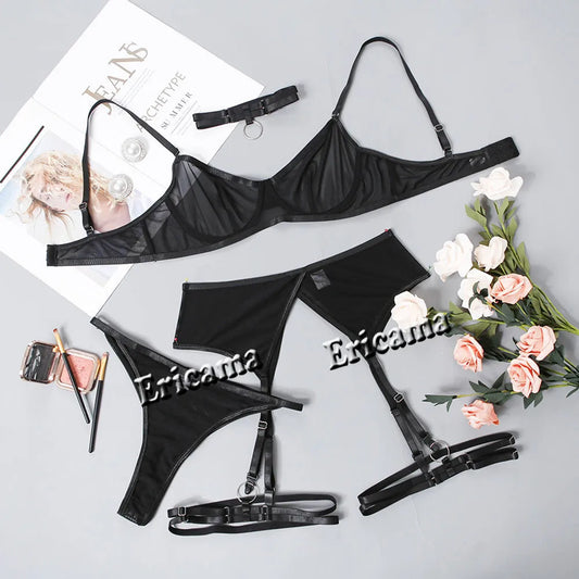 Lingerie set For Women Lace Garter Lingerie Set With Choker Women Intimates Erotic Underwire Bra And Thongs Ladies Underwear Set