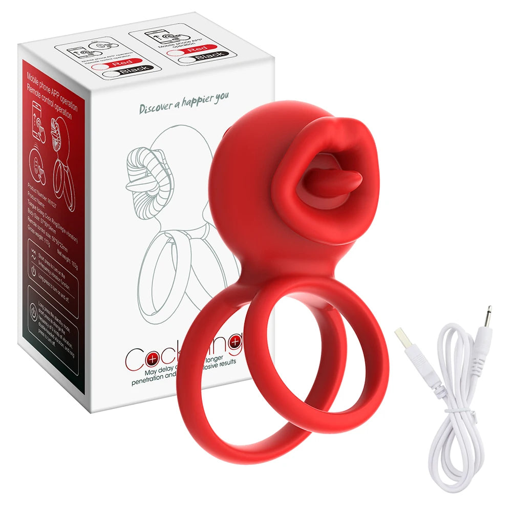 App Vibrating Penis Ring Vibrator with Sexy Licking Mouth G Spot Clitoral Stimulator Cock Rings Couples Adult Sex Toys for Men