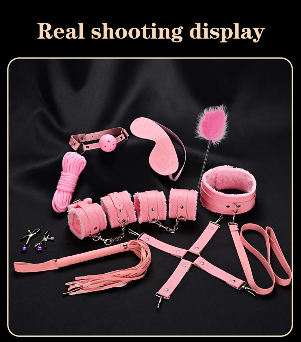 BDSM Bondage Restraint Kit 10 Pieces Drawstrings Collars Eye Masks Mouth Balls Whips Cotton Ropes Nipple Clamps Rope for Couple