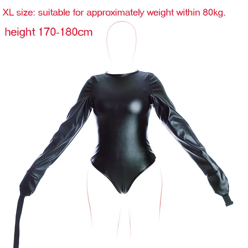 BDSM Bondage Long Sleeve Bodysuit,Adjustable Belt,Leather Arm Binder Restraint Straitjacket,Slave Cosplay Costume Women Sex Toys