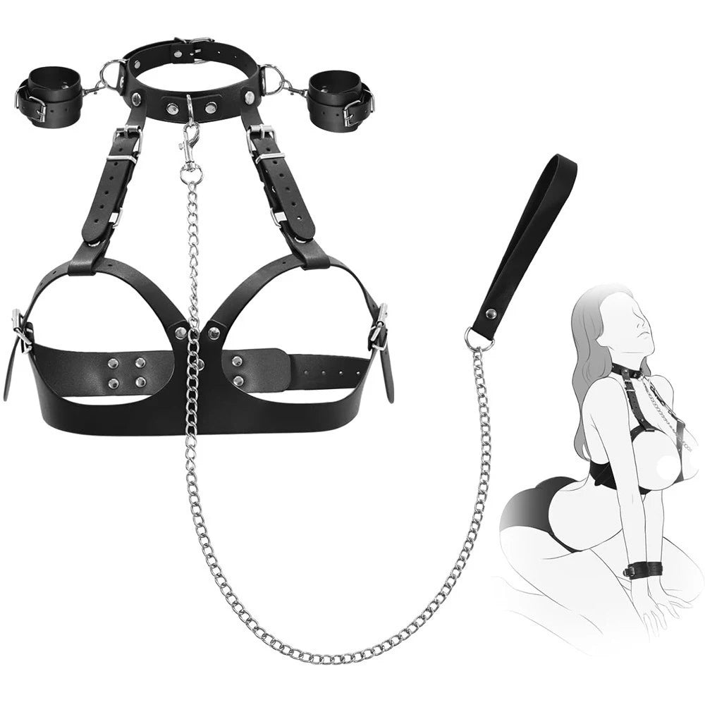 BDSM Handcuffs and Restraints Set, Bondage Kit for Couples with Leather Cuffs, Straps, Beginner Bondage Toys for Role Play