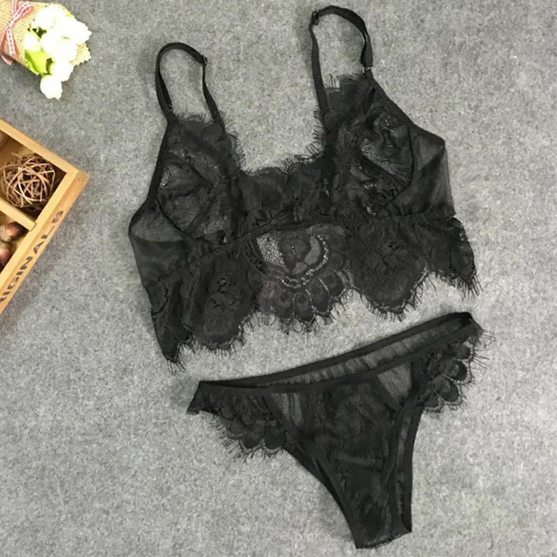 Lingerie Set Sexy Plus Size Hot Underwear Women Set Bra&Panty Thong Set Sexy Transparent Lingere Lace Black Open Intimates