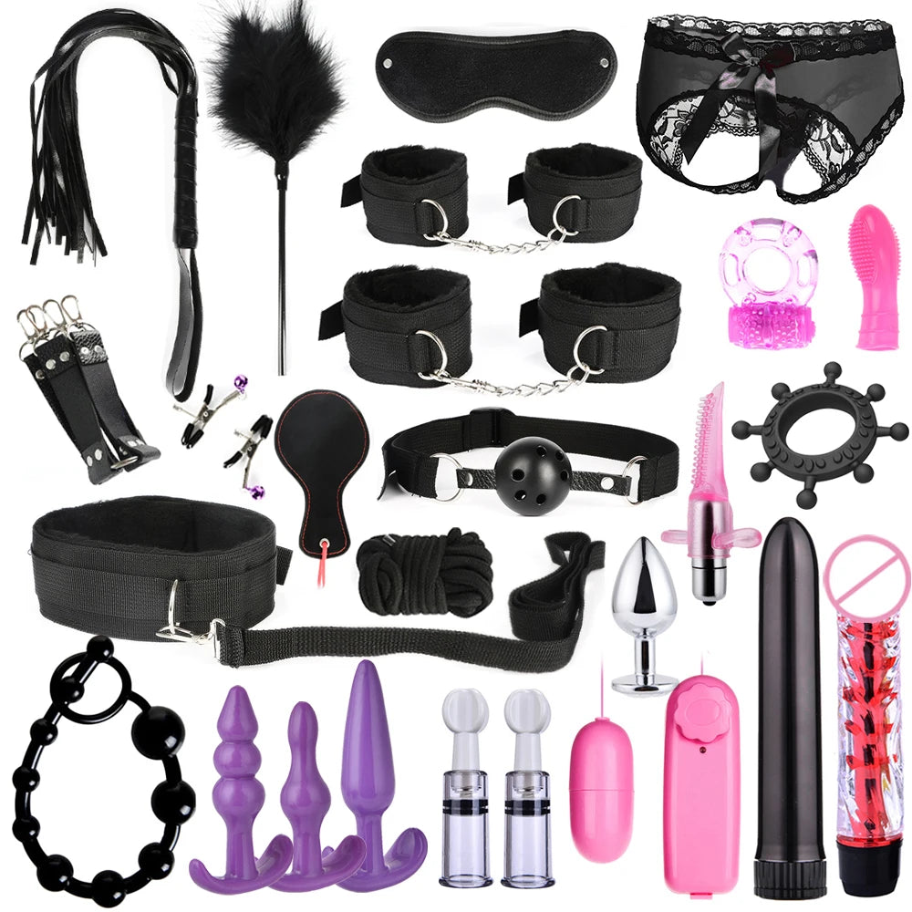 Exotic Bed Bondage Set BDSM Kits Exotic Sex Toys For Adults Games Leather Handcuffs Whip Gag Nipple Clamps Women Sex Products
