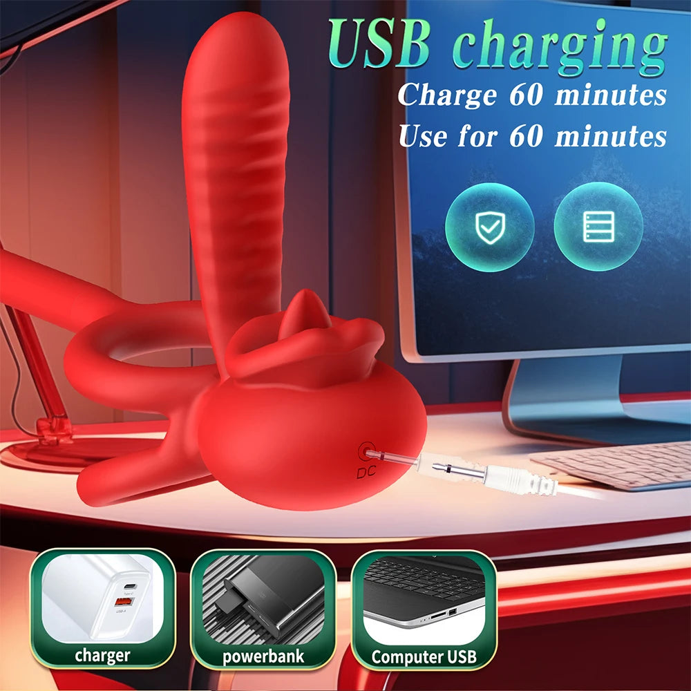 App Vibrating Penis Ring Vibrator with Sexy Licking Mouth G Spot Clitoral Stimulator Cock Rings Couples Adult Sex Toys for Men