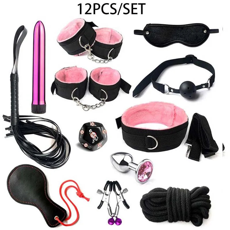 BDSM Kits Sex Bondage Set Handcuffs Gag Whip Nipple Clamps Erotic Sex Toys for Women Couples Adult Sex Shop Anal Butt Plug Tail