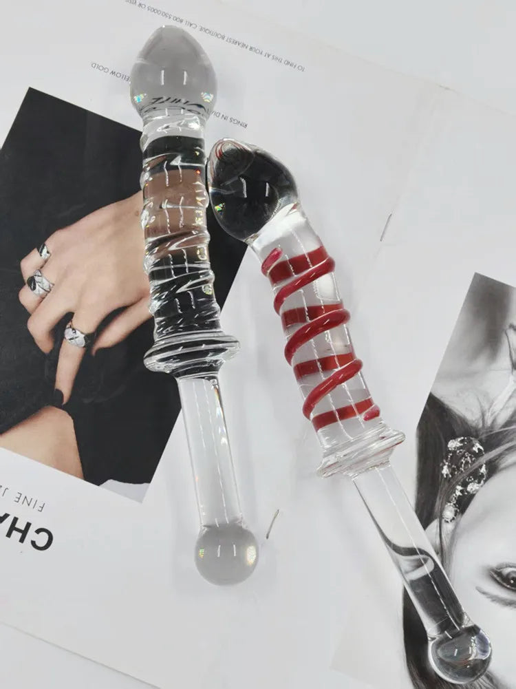 Adult sexual products, red and blue striped long handled glass dildo, female masturbation sex toys