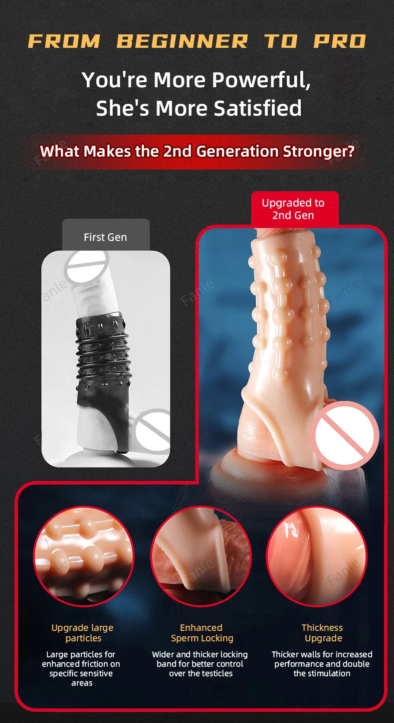 2PCS Reusable Penis Enlargement Sleeves Realistic Textured Cock Ring Sex Toy Enlarger Condom Soft Penis Sleeve for Men Couples