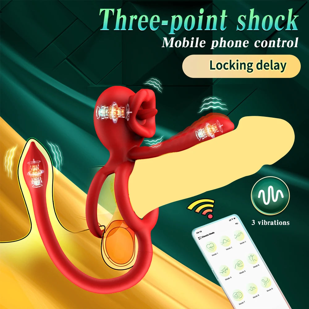 App Vibrating Penis Ring Vibrator with Sexy Licking Mouth G Spot Clitoral Stimulator Cock Rings Couples Adult Sex Toys for Men