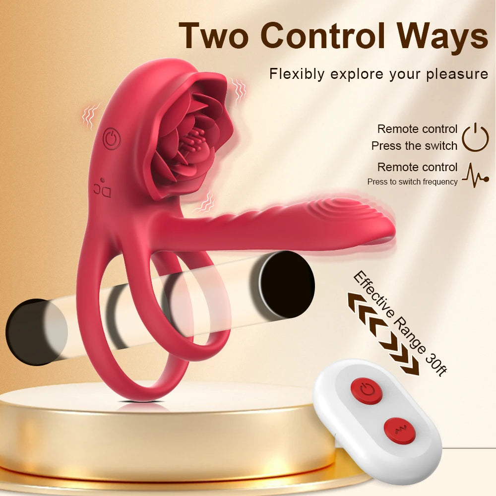 Rose Penis Cock Ring Vibrator Powerful Penis Ring Delay Ejaculation Female G-spot Clitoral Massager Adult Sexy Toys for Couple