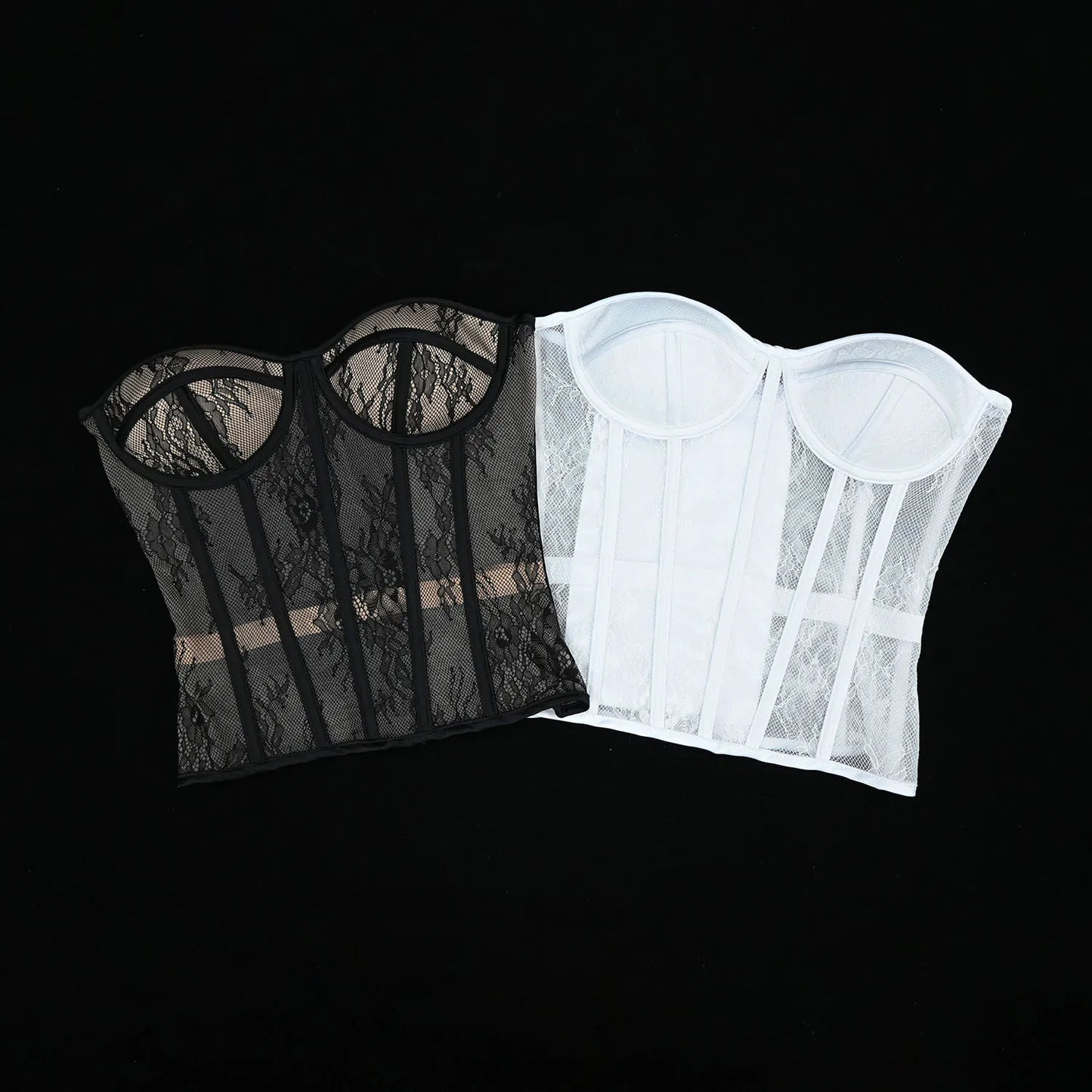 Steel Bone Korset Woman Hollow Out Strapless Lace Bra Bustier Top Mesh Women Lingerie Black White Biege Corset