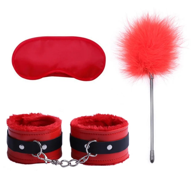 BDSM Set Sexy Leather Plush Erotic Handcuffs Flirt Feather Stick Bondage Kit Exotic Accessories Adult Games Sex Toys For Couples