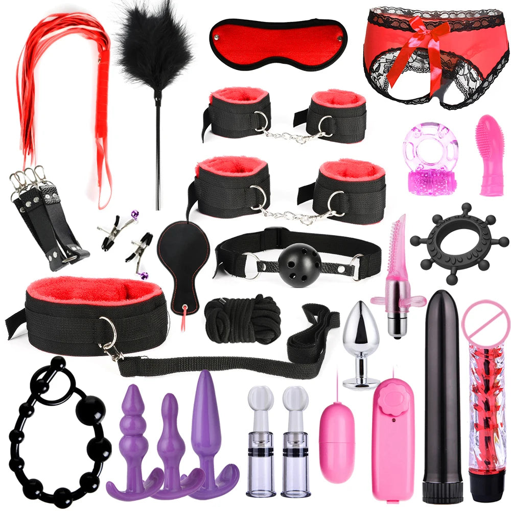 Exotic Bed Bondage Set BDSM Kits Exotic Sex Toys For Adults Games Leather Handcuffs Whip Gag Nipple Clamps Women Sex Products