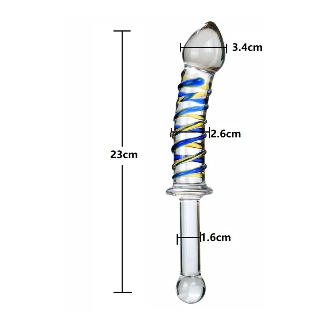 Adult sexual products, red and blue striped long handled glass dildo, female masturbation sex toys