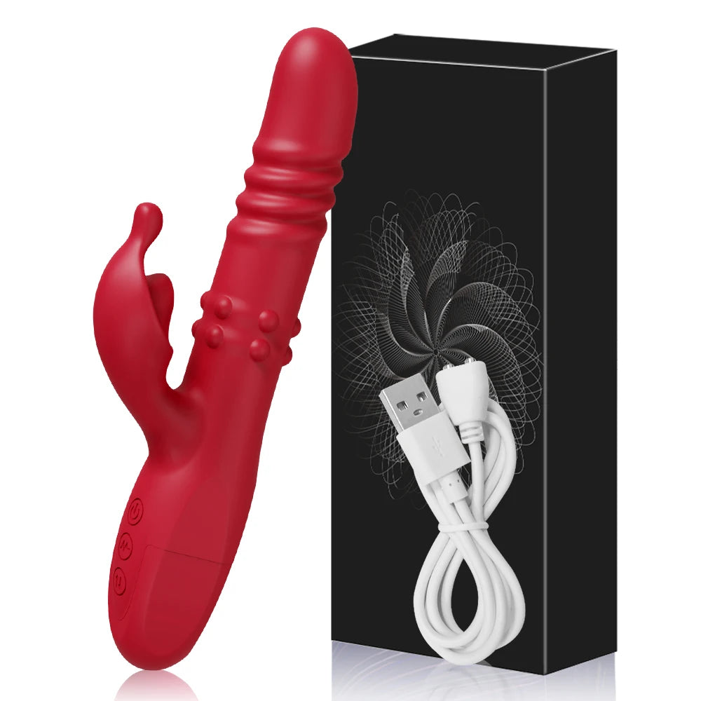 Rabbit Vibrator for Women Telescopic Dildo Powerful G-Spot Vibrating Rotating Beaded Clit Stimulator Female Masturbator Sex Toys