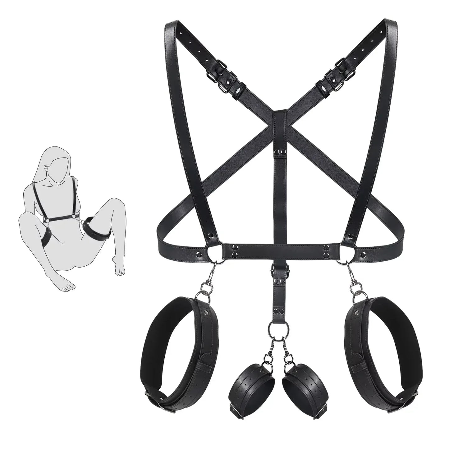 2025 NEW BDSM Sex Bondage Restraints Kit 3 in 1 Leather Thigh Sling Breasts Belt Behind Back Handcuffs Open Legs SM Slave Fetish