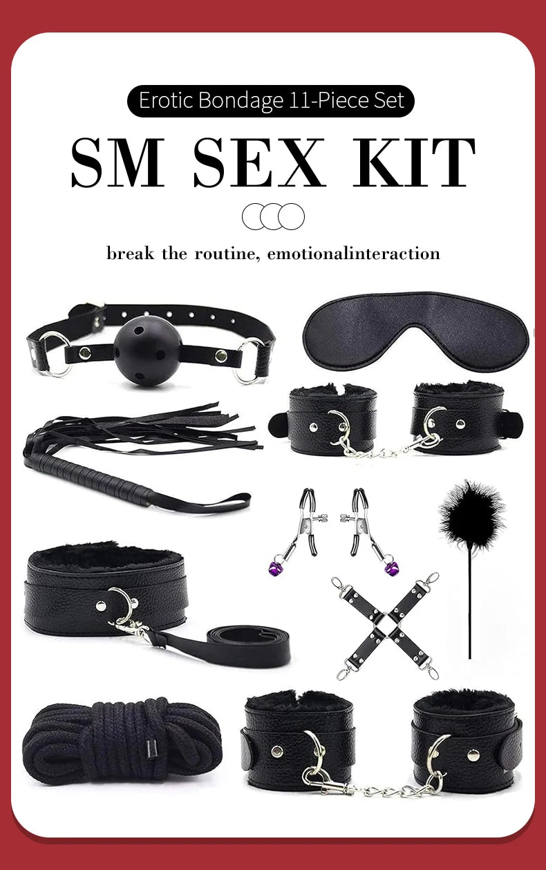 BUYBOOS Sex Bondage Restraints 11Pcs Set BDSM Leather Bondage Sets Restraint Kits Bondage Gear Accessories Adult Sex Toy