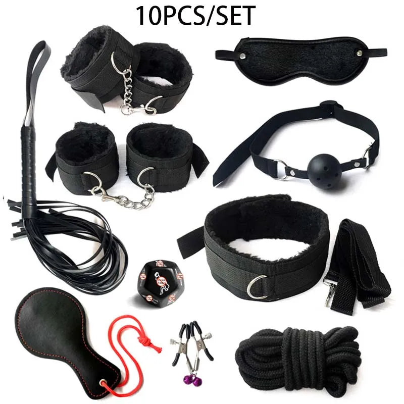BDSM Kits Sex Bondage Set Handcuffs Gag Whip Nipple Clamps Erotic Sex Toys for Women Couples Adult Sex Shop Anal Butt Plug Tail