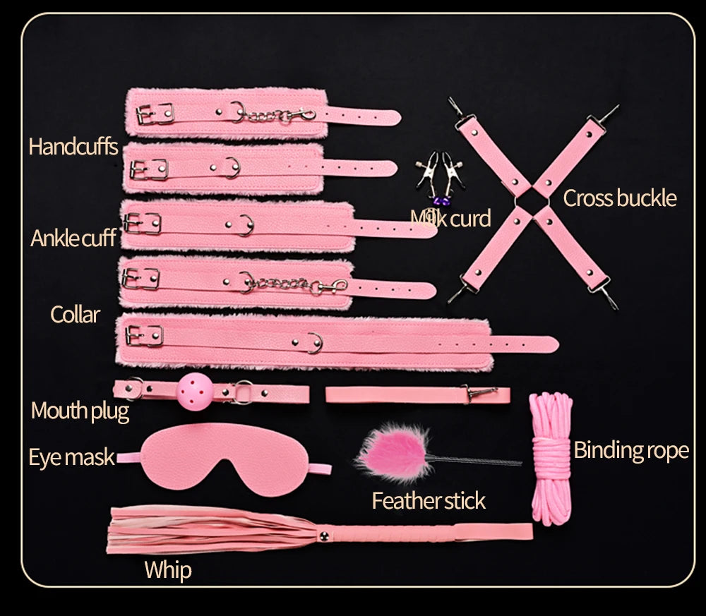 BDSM Bondage Restraint Kit 10 Pieces Drawstrings Collars Eye Masks Mouth Balls Whips Cotton Ropes Nipple Clamps Rope for Couple
