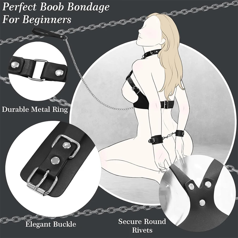 BDSM Handcuffs and Restraints Set, Bondage Kit for Couples with Leather Cuffs, Straps, Beginner Bondage Toys for Role Play