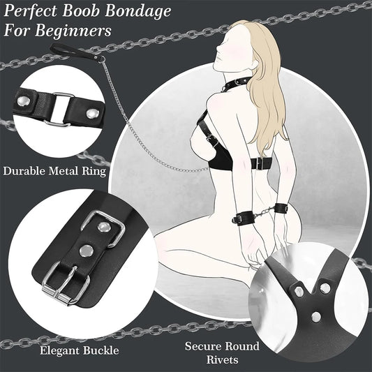 BDSM Handcuffs and Restraints Set, Bondage Kit for Couples with Leather Cuffs, Straps, Beginner Bondage Toys for Role Play