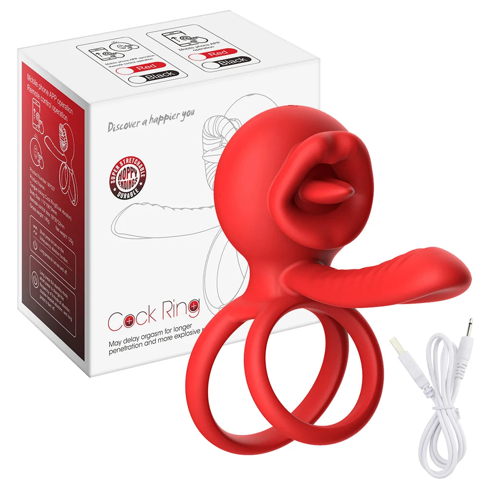 App Vibrating Penis Ring Vibrator with Sexy Licking Mouth G Spot Clitoral Stimulator Cock Rings Couples Adult Sex Toys for Men