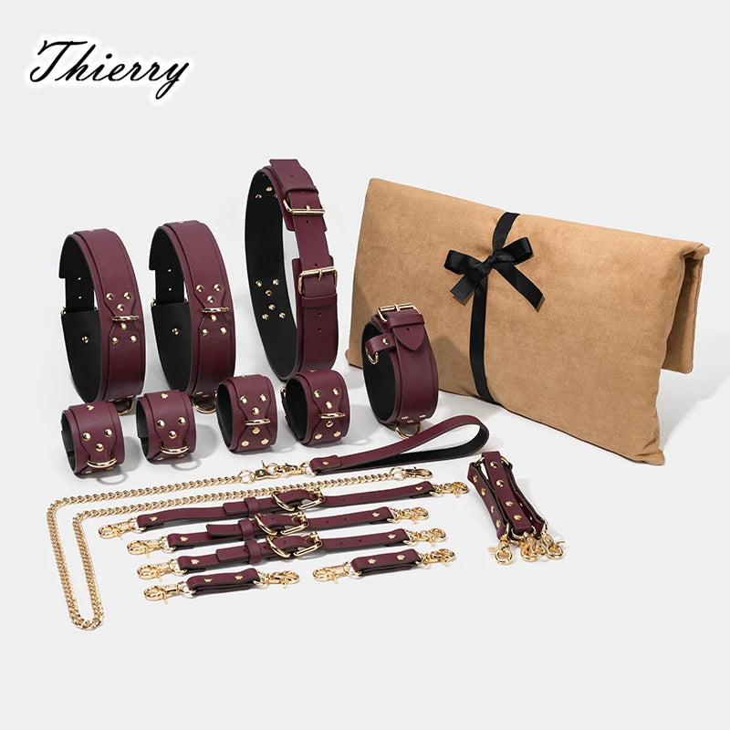 Thierry BDSM Bondage Restraint Kits Handcuffs Collar Wrist Ankle Thigh cuffs Waist Belt Cross Buckle Sex Toys For  Adult  Games