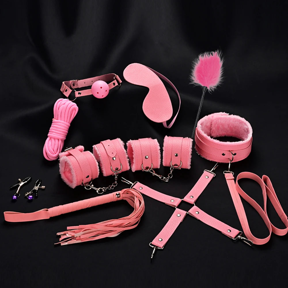 BDSM Bondage Restraint Kit 10 Pieces Drawstrings Collars Eye Masks Mouth Balls Whips Cotton Ropes Nipple Clamps Rope for Couple
