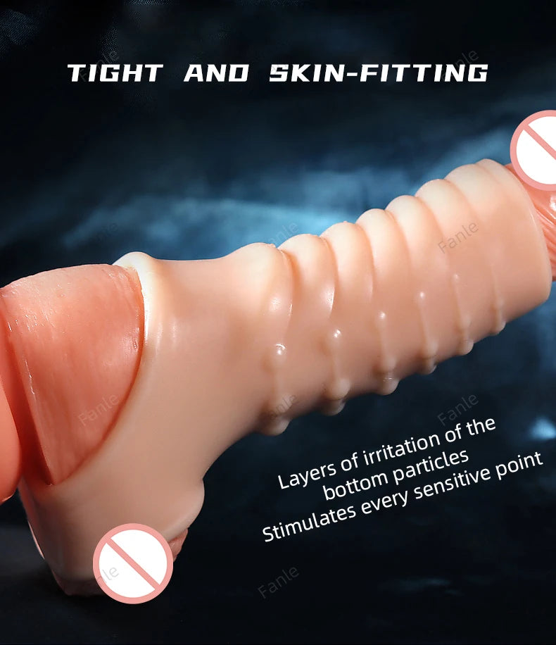 2PCS Reusable Penis Enlargement Sleeves Realistic Textured Cock Ring Sex Toy Enlarger Condom Soft Penis Sleeve for Men Couples