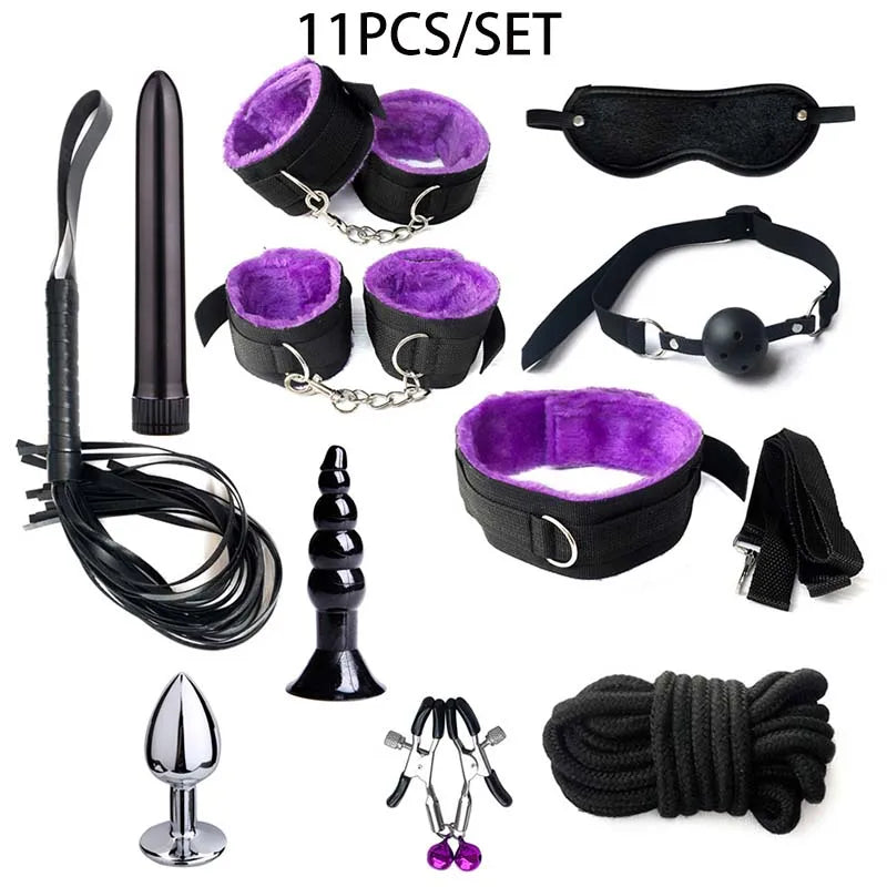 BDSM Kits Sex Bondage Set Handcuffs Gag Whip Nipple Clamps Erotic Sex Toys for Women Couples Adult Sex Shop Anal Butt Plug Tail