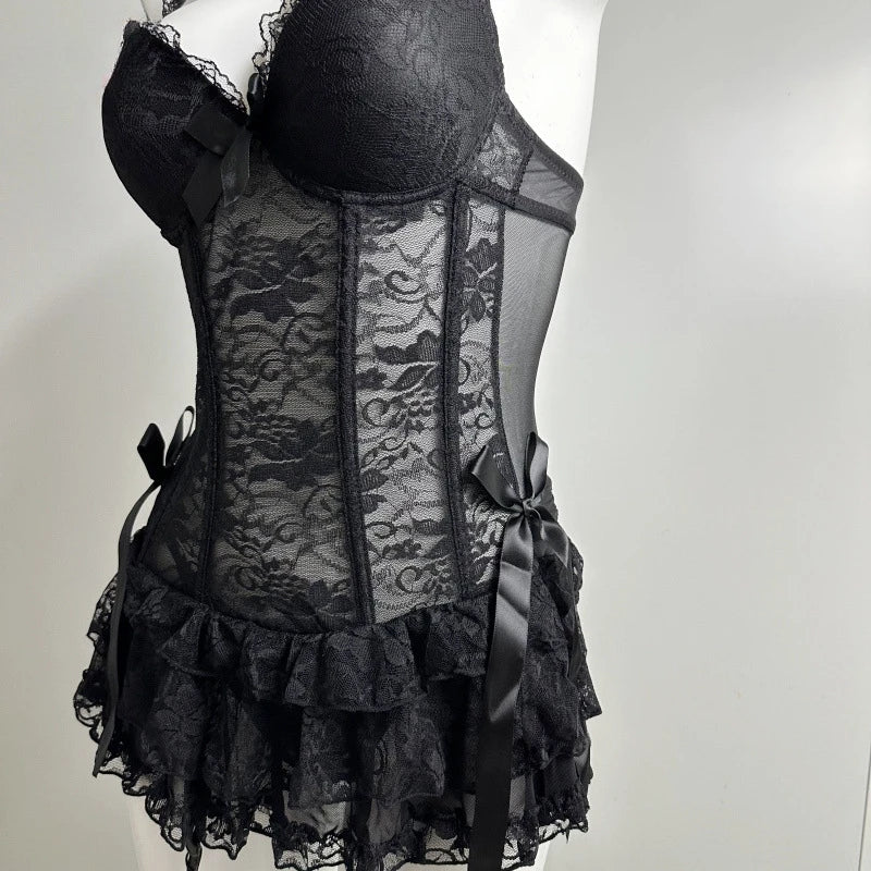 Black Corset Lingerie Dress Women Sexy Overbust Push Up Corset Lace Fishbone Corset Transparent Bustier Clubwear Lingeries 2025