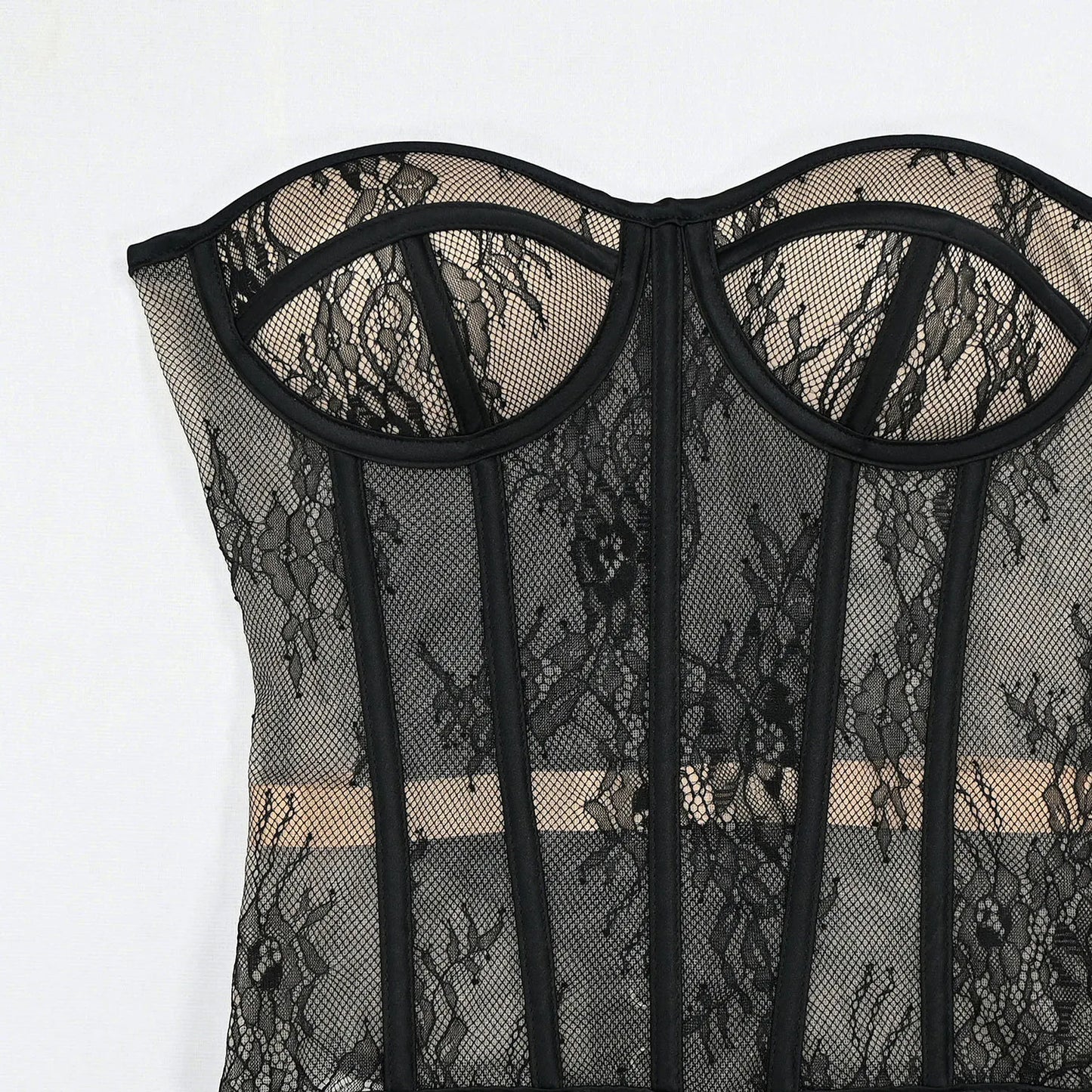Steel Bone Korset Woman Hollow Out Strapless Lace Bra Bustier Top Mesh Women Lingerie Black White Biege Corset