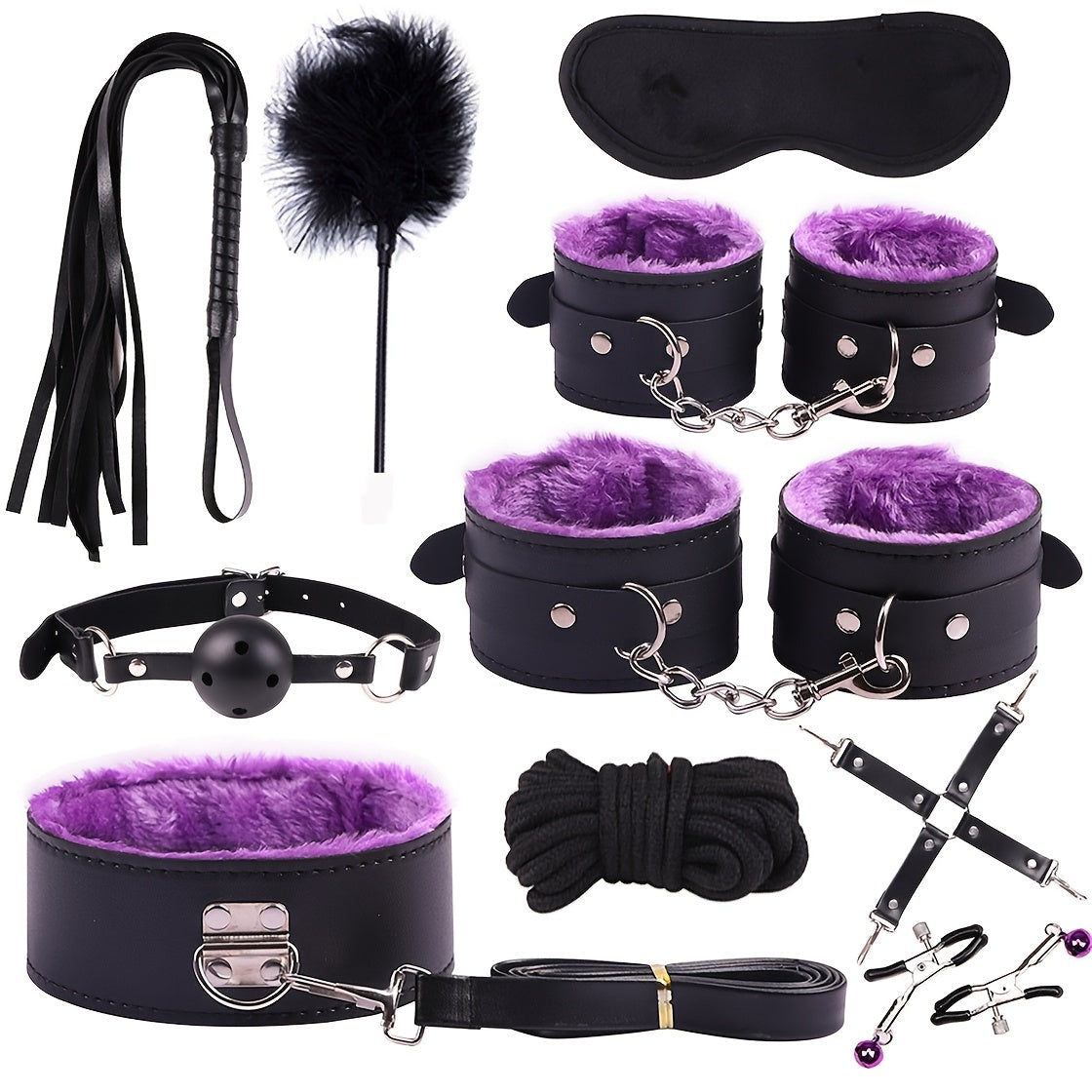 10pcs/SET Bondage Restraints BDSM Kit Bondage Set, Adult Restraint Set Hands And Legs Straps Rope Mask Cuffs Gags Nipple Clips For Couples Men Women - Perfect Gifts For Party - Purple/Pink/Black/Red