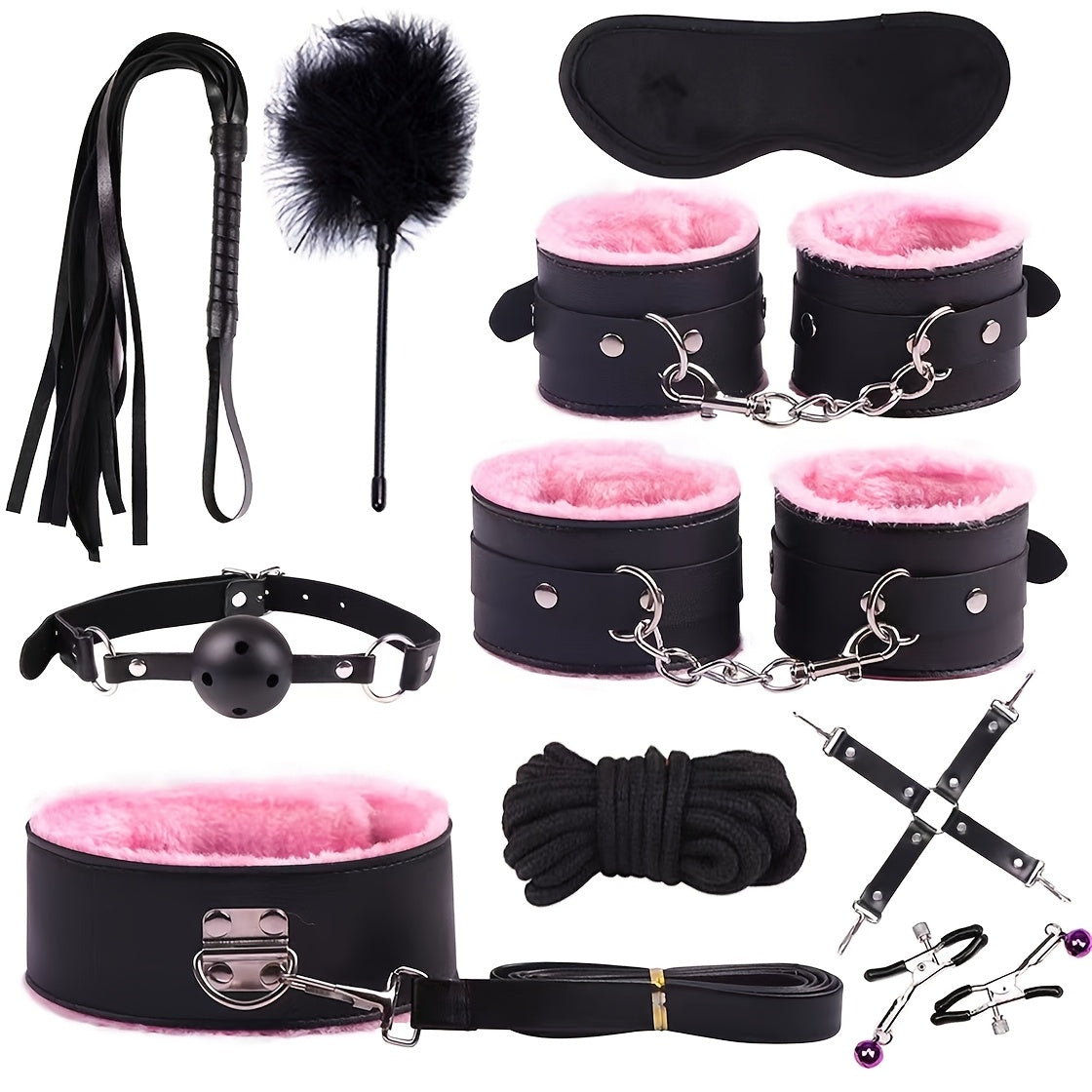 10pcs/SET Bondage Restraints BDSM Kit Bondage Set, Adult Restraint Set Hands And Legs Straps Rope Mask Cuffs Gags Nipple Clips For Couples Men Women - Perfect Gifts For Party - Purple/Pink/Black/Red